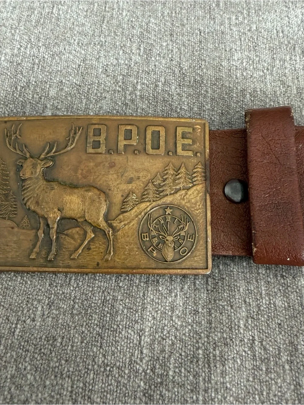 Vintage Paris Leather Belt BPOE Elks Lodge Brass Buckle Mens Sz 38 Brown USA Mad